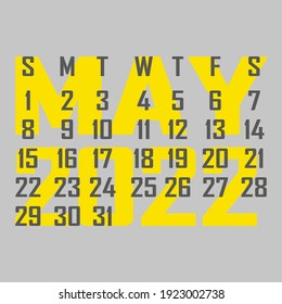 Letter calendar for May 2022. The week begins on Sunday. Time, planning and schedule concept. Flat design. Removable calendar for the month. Vector illustration