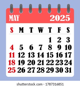 Letter calendar for May 2025. The week begins on Sunday. Time, planning and schedule concept. Flat design. Removable calendar for the month. Vector illustration