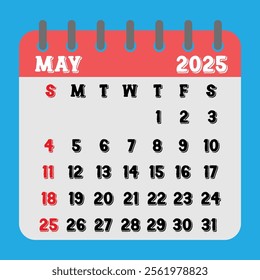 Letter calendar for May 2025. The week begins on Sunday. Time, planning and schedule concept. Flat design. Removable calendar for the month. Vector illustration