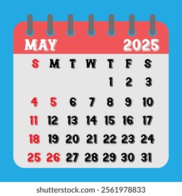 Letter calendar for May 2025. The week begins on Sunday. Time, planning, schedule holidays and observances concept 