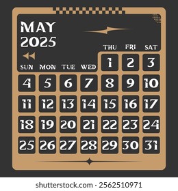 Letter calendar for May 2025. The week begins on Sunday. Time, planning and schedule concept. Flat design. Removable calendar for the month. Vector illustration
