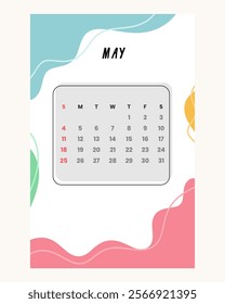 Letter calendar for May 2025. The week begins on Sunday. Time, planning and schedule concept. Flat design. Removable calendar for the month