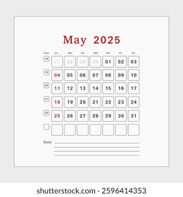 Letter calendar for May 2025. The week begins on Sunday. Time, planning, schedule concept, and includes notes. Flat design. Removable calendar for the month. Vector illustration.