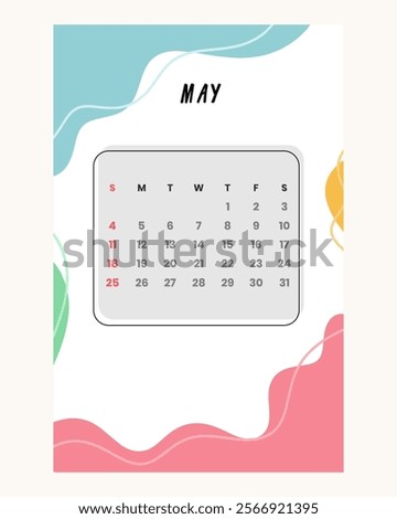 Letter calendar for May 2025. The week begins on Sunday. Time, planning and schedule concept. Flat design. Removable calendar for the month
