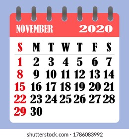 Letter calendar for November 2020. The week begins on Sunday. Time, planning and schedule concept. Flat design. Removable calendar for the month. Vector illustration