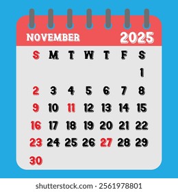 Letter calendar for November 2025. The week begins on Sunday. Time, planning, schedule holidays and observances concept 