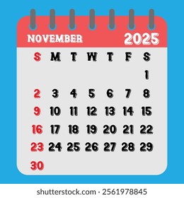 Letter calendar for November 2025. The week begins on Sunday. Time, planning and schedule concept. Flat design. Removable calendar for the month. Vector illustration