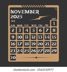 Letter calendar for November 2025. The week begins on Sunday. Time, planning and schedule concept. Flat design. Removable calendar for the month. Vector illustration