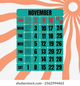 Letter calendar for November 2025. The week begins on Sunday. Time, planning and schedule concept. Flat design. Removable calendar for the month. Vector illustration
