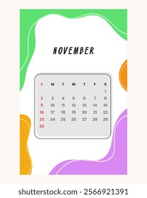 Letter calendar for November 2025. The week begins on Sunday. Time, planning and schedule concept. Flat design. Removable calendar for the month