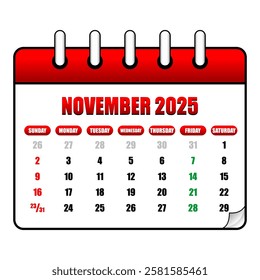 Letter calendar for November 2025. The week begins on Sunday. Time, planning and schedule concept. Flat design. Removable calendar for the month. Vector illustration