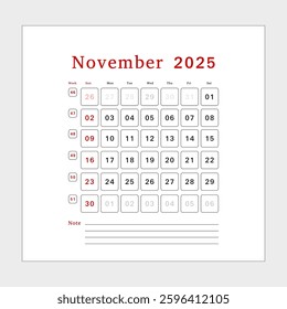 Letter calendar for November 2025. The week begins on Sunday. Time, planning, schedule concept, and includes notes. Flat design. Removable calendar for the month. Vector illustration.