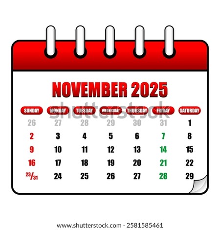 Letter calendar for November 2025. The week begins on Sunday. Time, planning and schedule concept. Flat design. Removable calendar for the month. Vector illustration