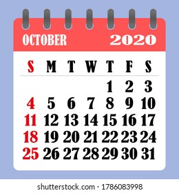 Calendario de la carta para octubre de 2020. La semana empieza el domingo. Concepto de tiempo, planificación y planificación. Diseño plano. Calendario extraíble para el mes. Ilustración del vector