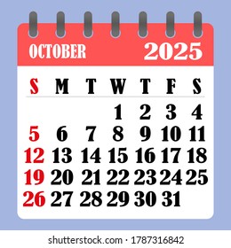 Letter calendar for October 2025. The week begins on Sunday. Time, planning and schedule concept. Flat design. Removable calendar for the month. Vector illustration