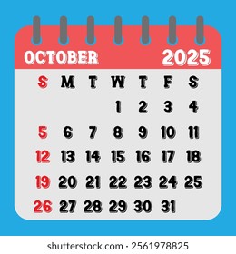 Letter calendar for October 2025. The week begins on Sunday. Time, planning and schedule concept. Flat design. Removable calendar for the month. Vector illustration