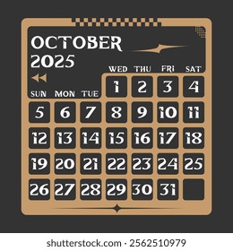 Letter calendar for October 2025. The week begins on Sunday. Time, planning and schedule concept. Flat design. Removable calendar for the month. Vector illustration