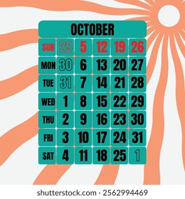 Letter calendar for October 2025. The week begins on Sunday. Time, planning and schedule concept. Flat design. Removable calendar for the month. Vector illustration
