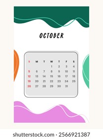 Letter calendar for October 2025. The week begins on Sunday. Time, planning and schedule concept. Flat design. Removable calendar for the month