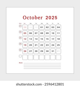 Letter calendar for October 2025. The week begins on Sunday. Time, planning, schedule concept, and includes notes. Flat design. Removable calendar for the month. Vector illustration.