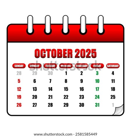 Letter calendar for October 2025. The week begins on Sunday. Time, planning and schedule concept. Flat design. Removable calendar for the month. Vector illustration