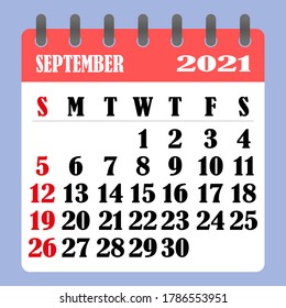 Letter calendar for September 2021. The week begins on Sunday. Time, planning and schedule concept. Flat design. Removable calendar for the month. Vector illustration