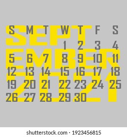 Letter calendar for September 2021. The week begins on Sunday. Time, planning and schedule concept. Flat design. Removable calendar for the month. Vector illustration