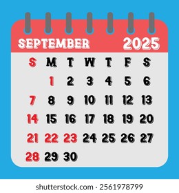 Letter calendar for September 2025. The week begins on Sunday. Time, planning, schedule holidays and observances concept 