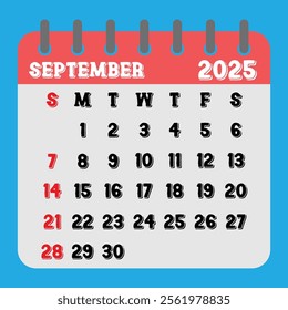 Letter calendar for September 2025. The week begins on Sunday. Time, planning and schedule concept. Flat design. Removable calendar for the month. Vector illustration