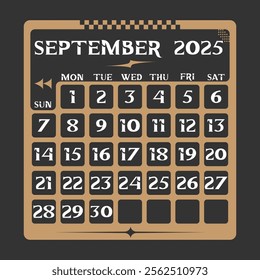 Letter calendar for September 2025. The week begins on Sunday. Time, planning and schedule concept. Flat design. Removable calendar for the month. Vector illustration