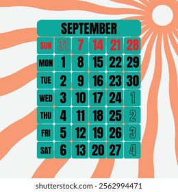 Letter calendar for September 2025. The week begins on Sunday. Time, planning and schedule concept. Flat design. Removable calendar for the month. Vector illustration
