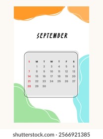 Letter calendar for September 2025. The week begins on Sunday. Time, planning and schedule concept. Flat design. Removable calendar for the month