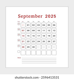 Letter calendar for September 2025. The week begins on Sunday. Time, planning, schedule concept, and includes notes. Flat design. Removable calendar for the month. Vector illustration.
