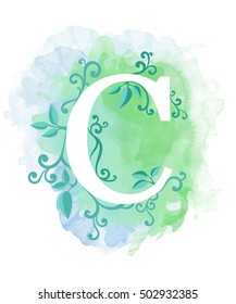 Letter calligraphy on watercolor background. Natural elements, leaves curls design, typographics C