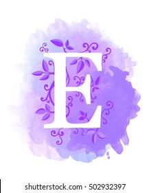 Letter calligraphy on watercolor background. Natural elements, leaves curls design, typographics E