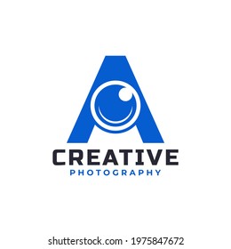 Letter A with Camera Lens Logo Design. Creative Letter Mark Suitable for Company Brand Identity, Entertainment, Photography, Business Logo Template