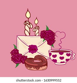 Letter, candle, roses, cup, mug, flower, cupcake on the pink background. For card, poster, banner. Declaration of love, a gift for Valentine's Day