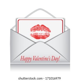 letter with a card inside and lip prints on white background 