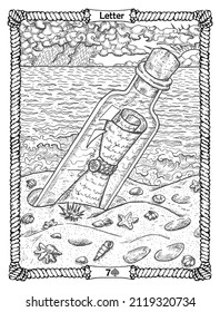 Letter card from the oracle Old Marine Lenormand deck with glass bottle and message. Nautical vintage background, coloring book page, t-shirt and tattoo vector graphic, pirate adventures concept. 