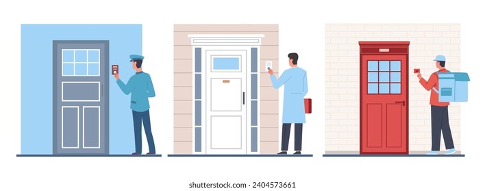 Letter carrier, doctor and delivery man ring doorbell. Men in uniform near door, pushing button. Ding dong. Male characters near house or apartment door. Cartoon flat isolated vector set