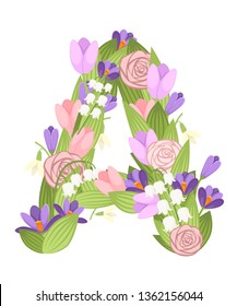 A letter. Cartoon flower font design. Letter with flowers and leaves. Flat vector illustration isolated on white background.