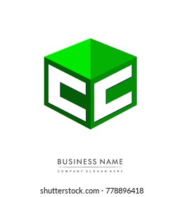 Letter CC logo in hexagon shape and green background, cube logo with letter design for company identity.
