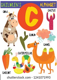 Letter C.Cute children's alphabet with adorable animals and other things.Poster for kids learning English vocabulary.Cartoon vector illustration.