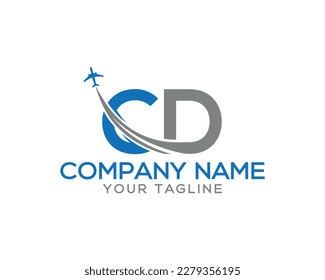 Letter CD with plane and airline unique logo design. Tourism, travel, airways identity and flight company creative vector icon.