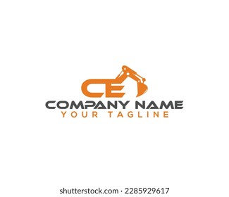 Letter CE Building With Excavator Logo Design Concept. Creative Excavators, Construction Machinery Special Equipment Vector Illustration.