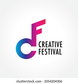 Letter CF Alphabet Initial Logo With Musical Note Design Concept. Colorful Blue Pink Purple Violet Gradient. Suitable For Artist Management Company, Community, Creative Music Festival, Content Creator