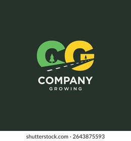 Letra CG com trajeto rodoviário e design do logotipo das árvores. Ícone de logotipo do símbolo de rua do monograma CG