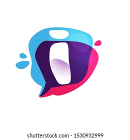 Letter I chat app logo at colorful watercolor splash background. Color multiply style. Bubble speech vector typeface for labels, headlines, posters, cards etc.