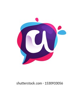 Letter A chat app logo at colorful watercolor splash background. Color multiply style. Bubble speech vector typeface for labels, headlines, posters, cards etc.