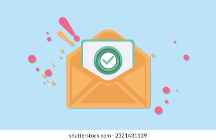 Letter with a check mark or confirmation in an open envelope. Approval concept. Realistic icon.vector on blue background
